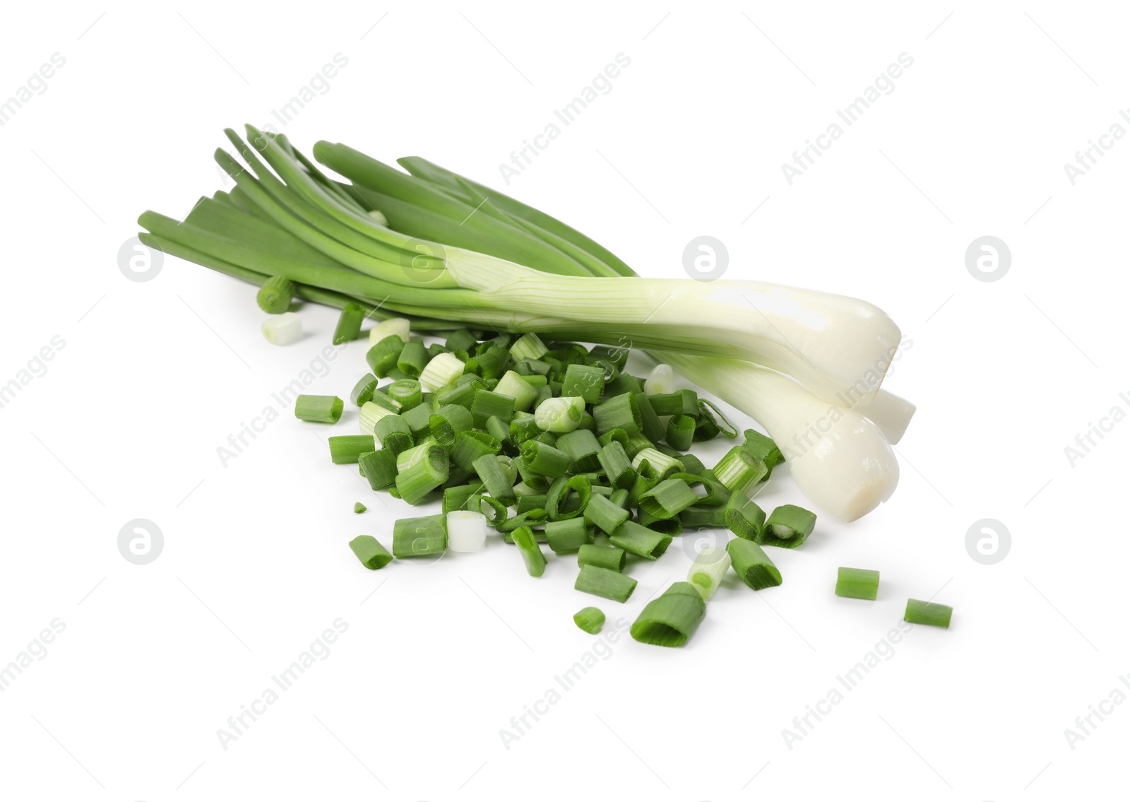 Photo of Whole and chopped green onion isolated on white