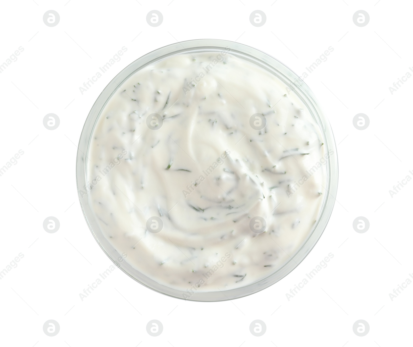 Photo of Delicious tartar sauce in bowl on white background, top view