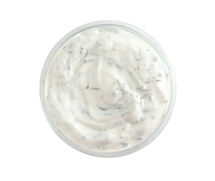 Photo of Delicious tartar sauce in bowl on white background, top view