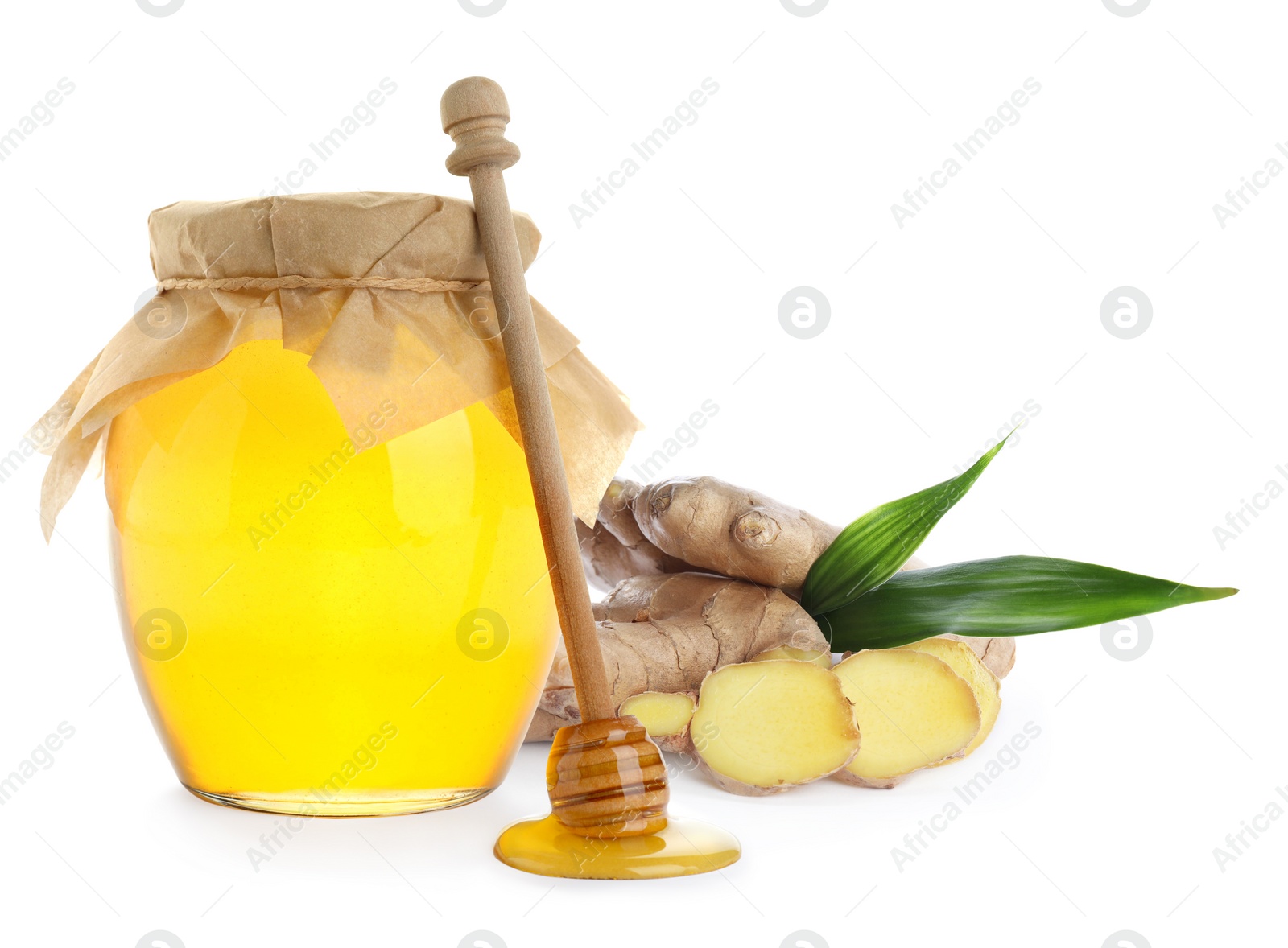 Image of Ginger root and honey on white background