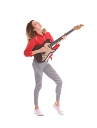 Photo of Young woman playing electric guitar on white background