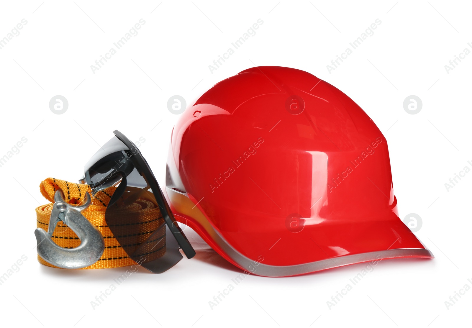 Photo of Set of safety equipment on white background