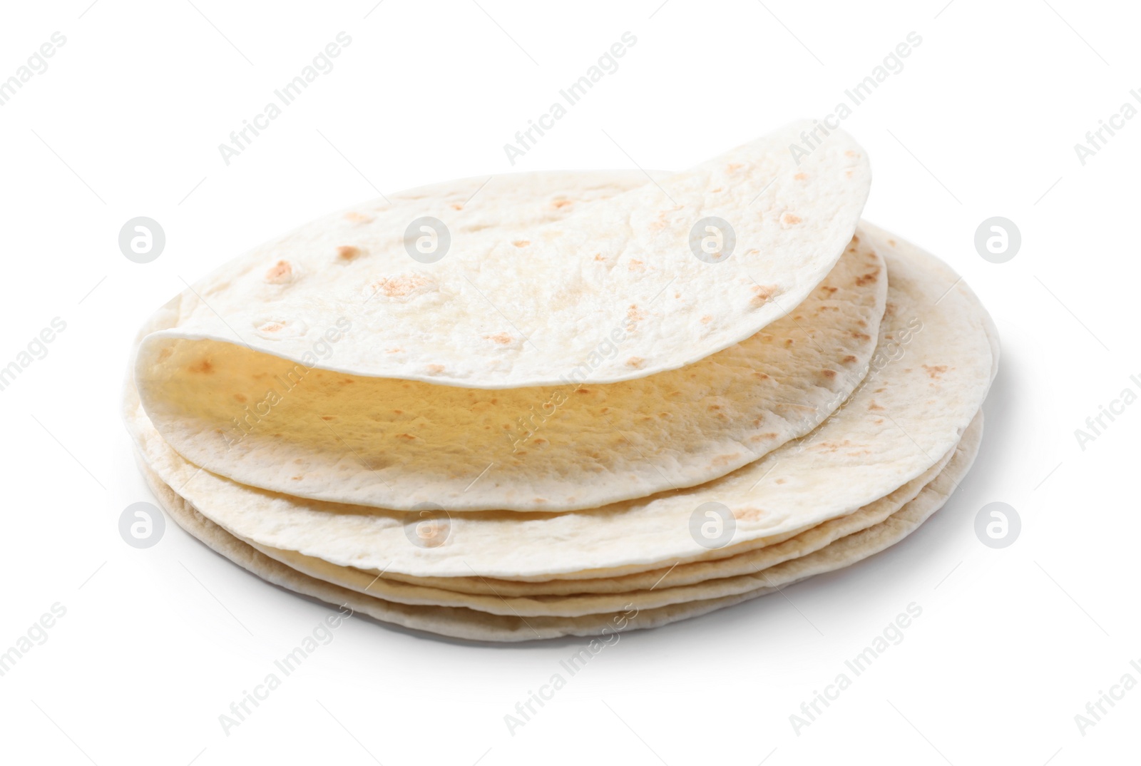 Photo of Corn tortillas on white background. Unleavened bread