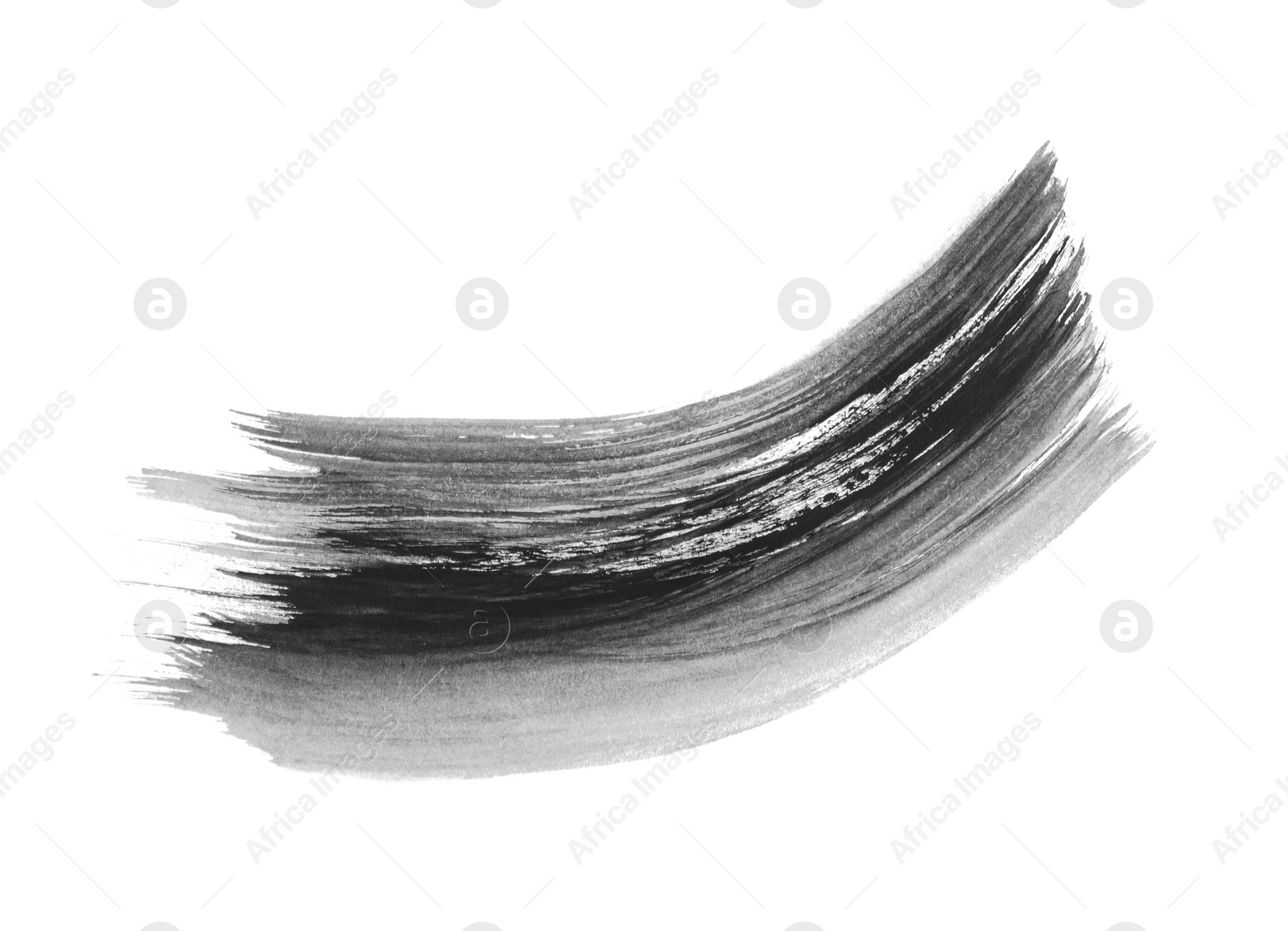 Photo of Grey paint stroke drawn with brush on white background, top view