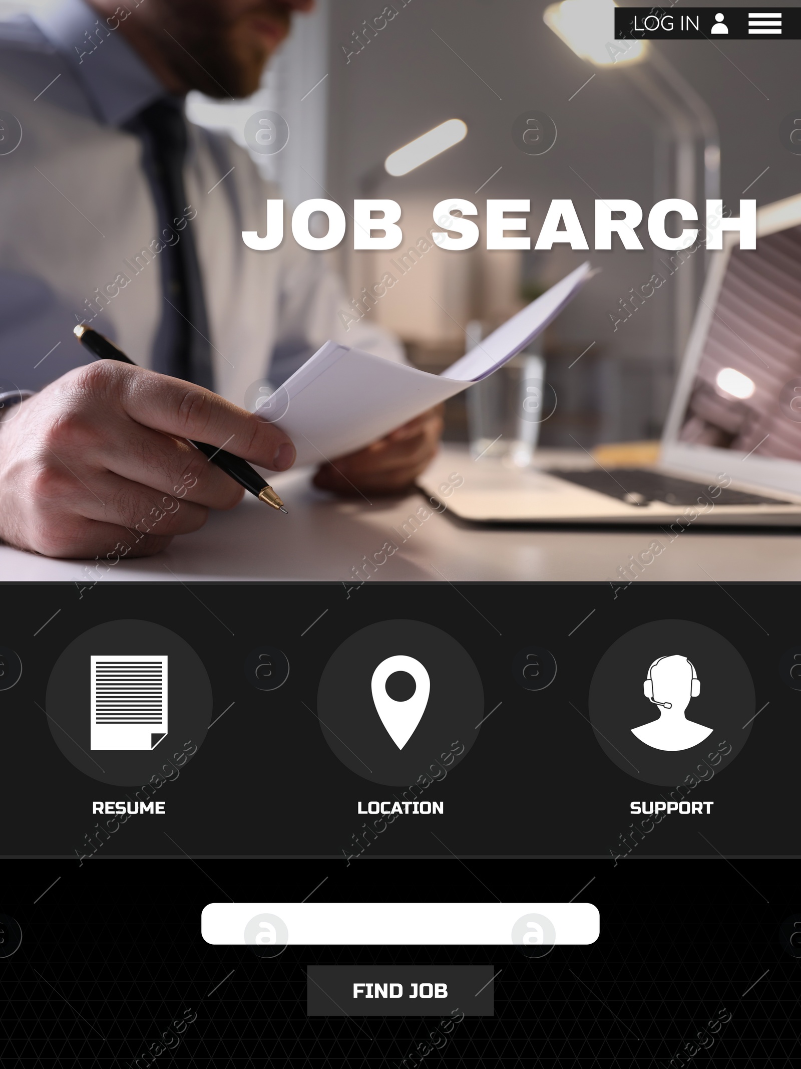 Image of Homepage of employment application. Job search engine