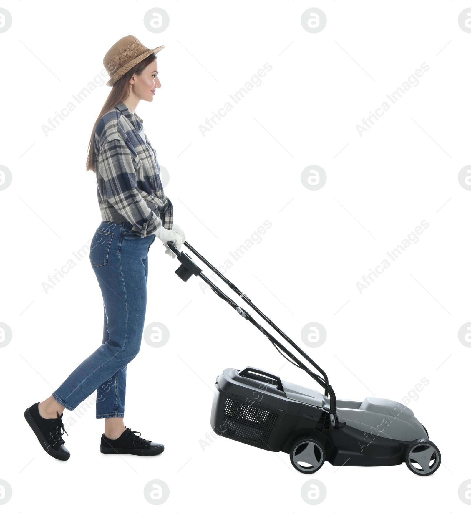 Photo of Young woman with modern lawn mower on white background