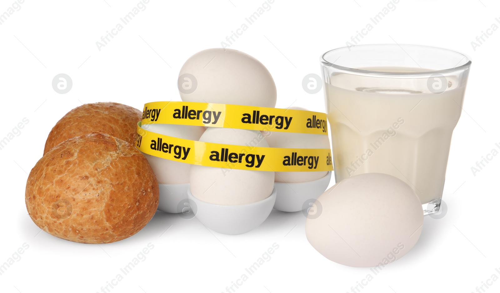 Photo of Different fresh products and tape with word Allergy isolated on white