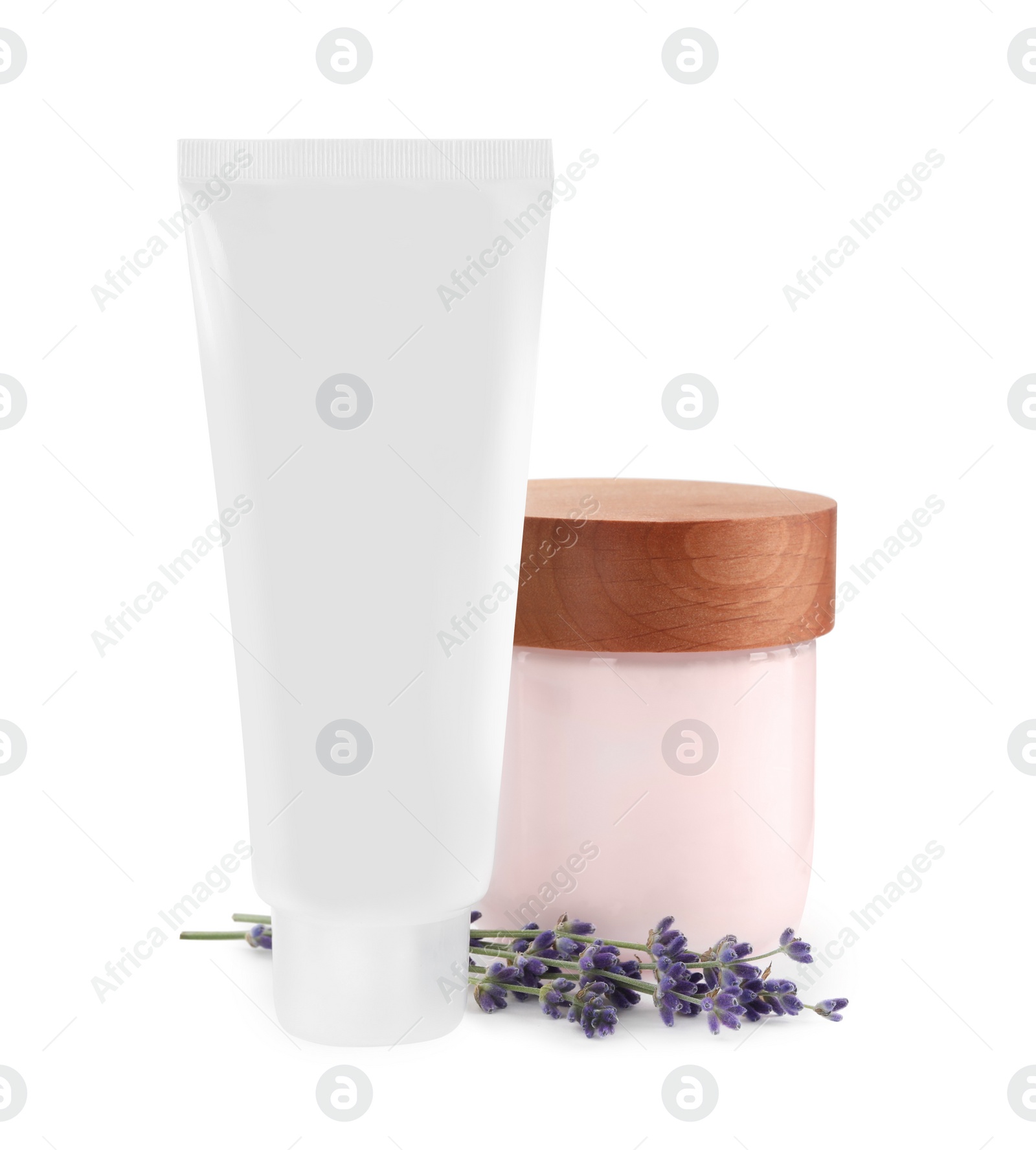 Photo of Different hand care cosmetic products and lavender on white background