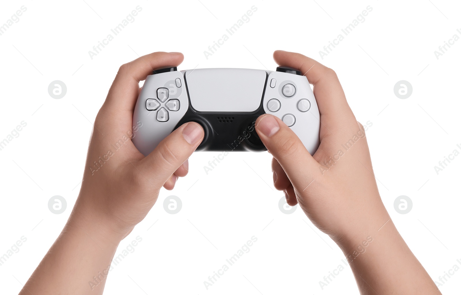 Photo of Woman using wireless game controller on white background, closeup