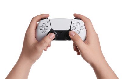 Woman using wireless game controller on white background, closeup