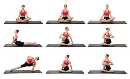 Young woman practicing yoga on white background. Collage with different asanas