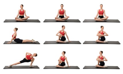 Image of Young woman practicing yoga on white background. Collage with different asanas