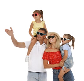 Photo of Happy family with children wearing sunglasses on white background