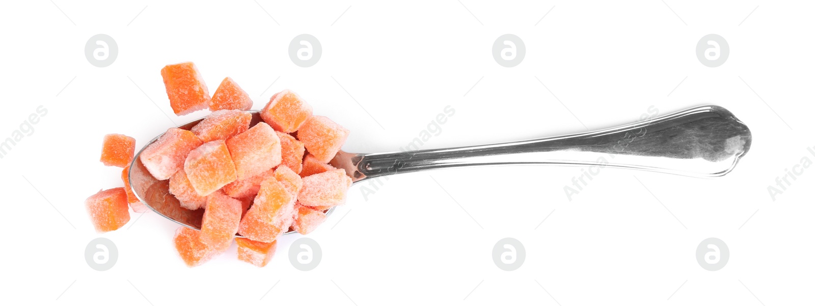 Photo of Frozen carrot in spoon isolated on white, top view. Vegetable preservation