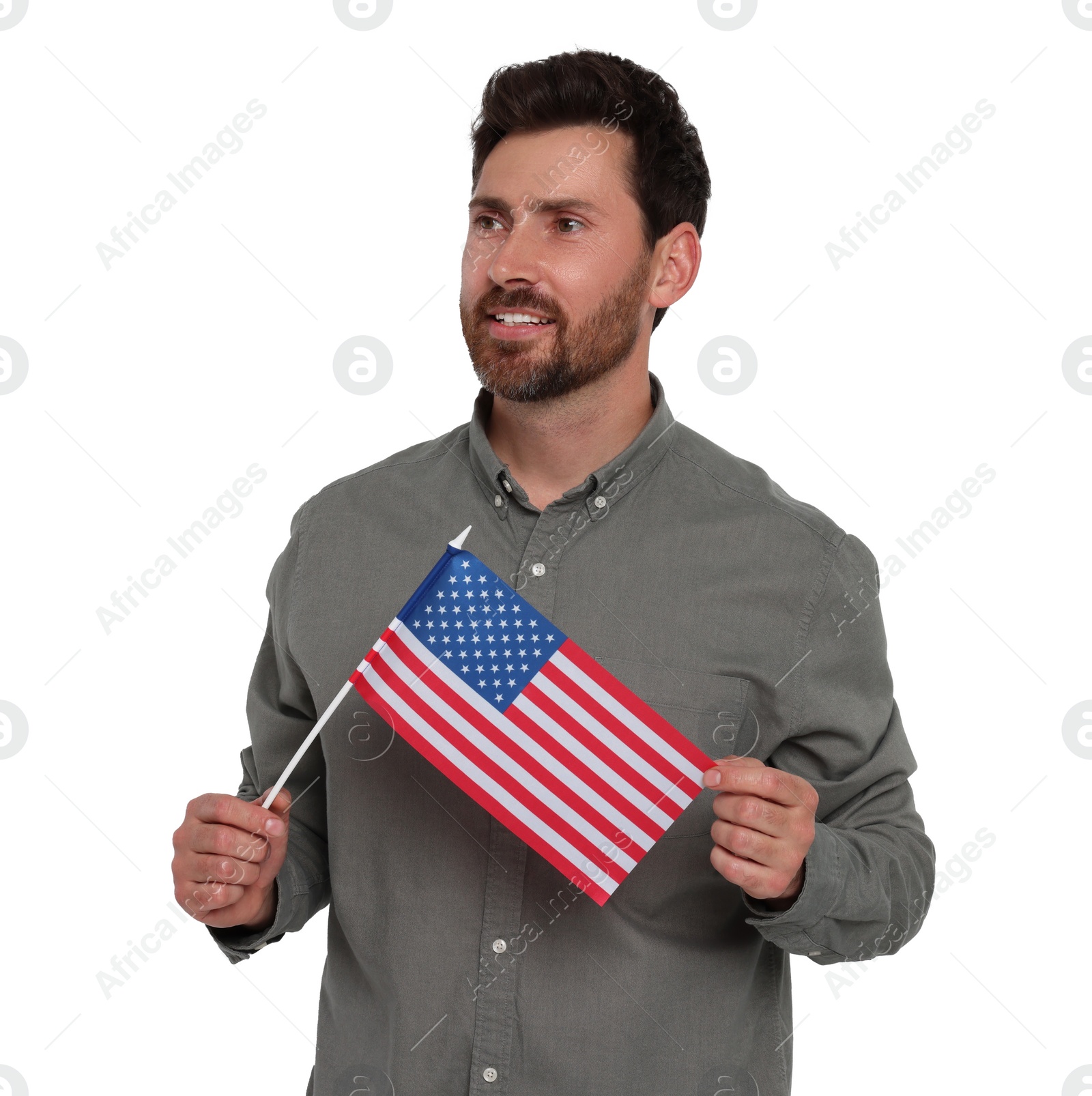 Image of 4th of July - Independence day of America. Happy man holding national flag of United States on white background