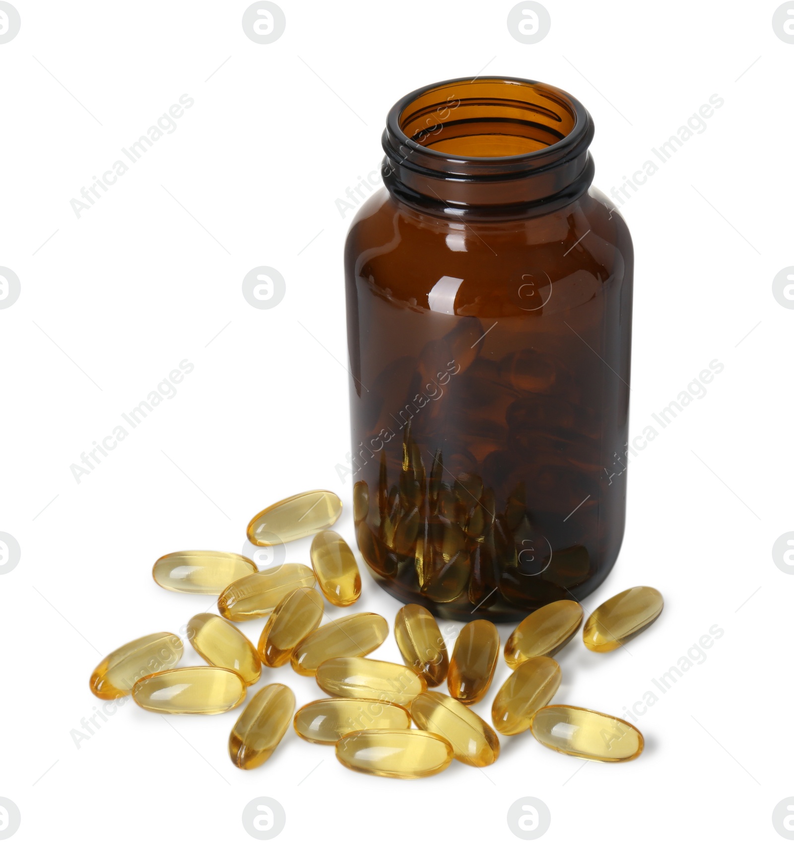 Photo of Bottle and pile of softgel capsules isolated on white