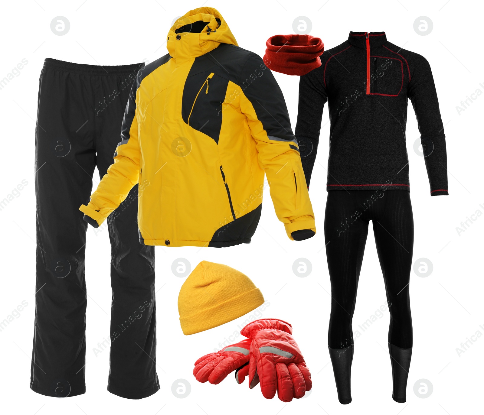 Image of Collection of stylish winter sports clothes on white background