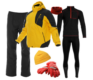 Collection of stylish winter sports clothes on white background