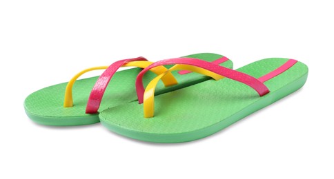 Photo of Pair of green flip flops isolated on white