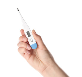 Woman holding digital thermometer on white background, closeup