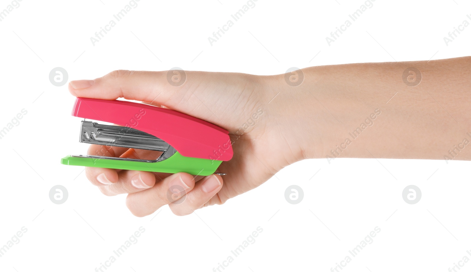 Photo of Woman holding bright stapler on white background, closeup