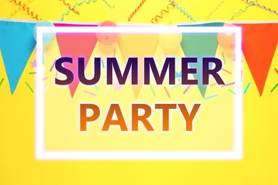 Image of Bunting with colorful triangular flags and other festive decor on yellow background, flat lay. Summer Party