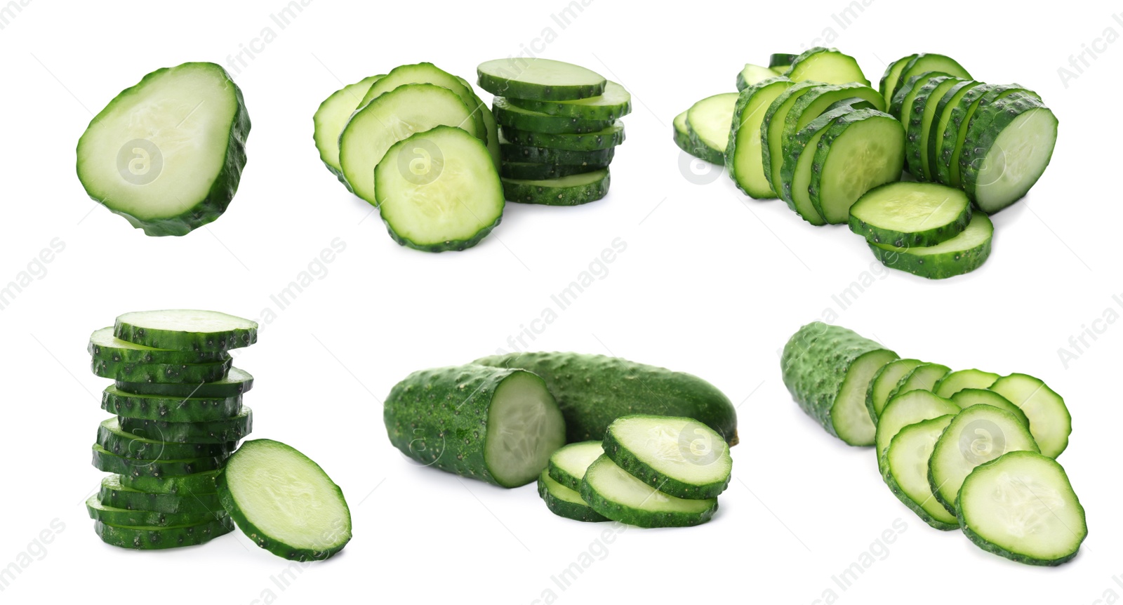 Set with slices of ripe cucumbers on white background Image of Set with slices of ripe cucumbers on white background