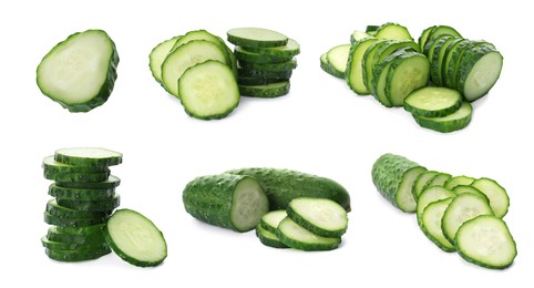 Image of Set with slices of ripe cucumbers on white background