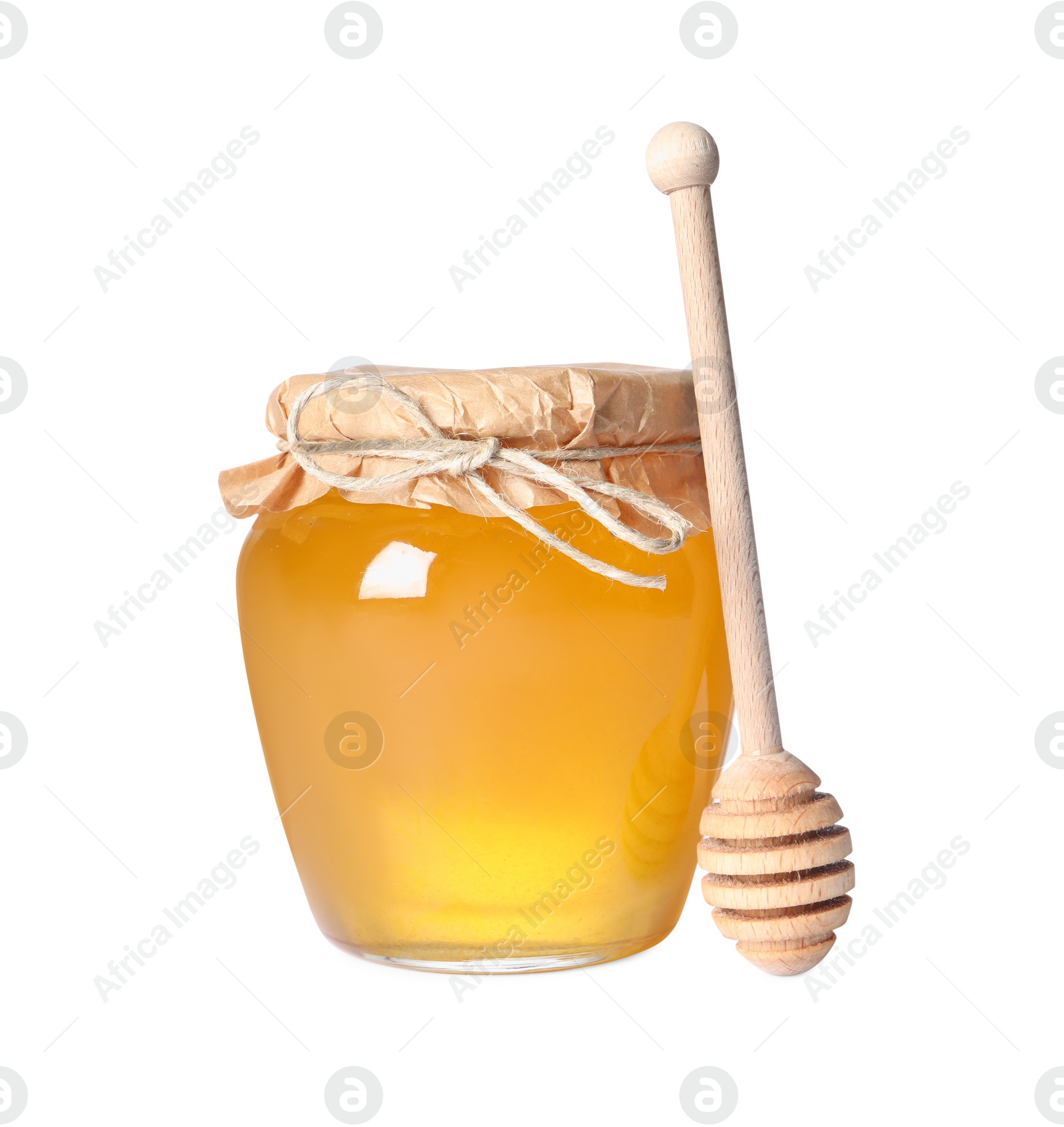 Photo of Tasty natural honey in glass jar and dipper isolated on white