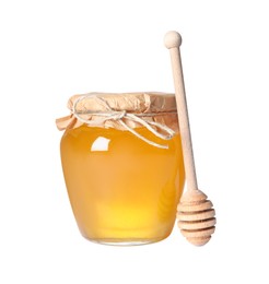 Photo of Tasty natural honey in glass jar and dipper isolated on white