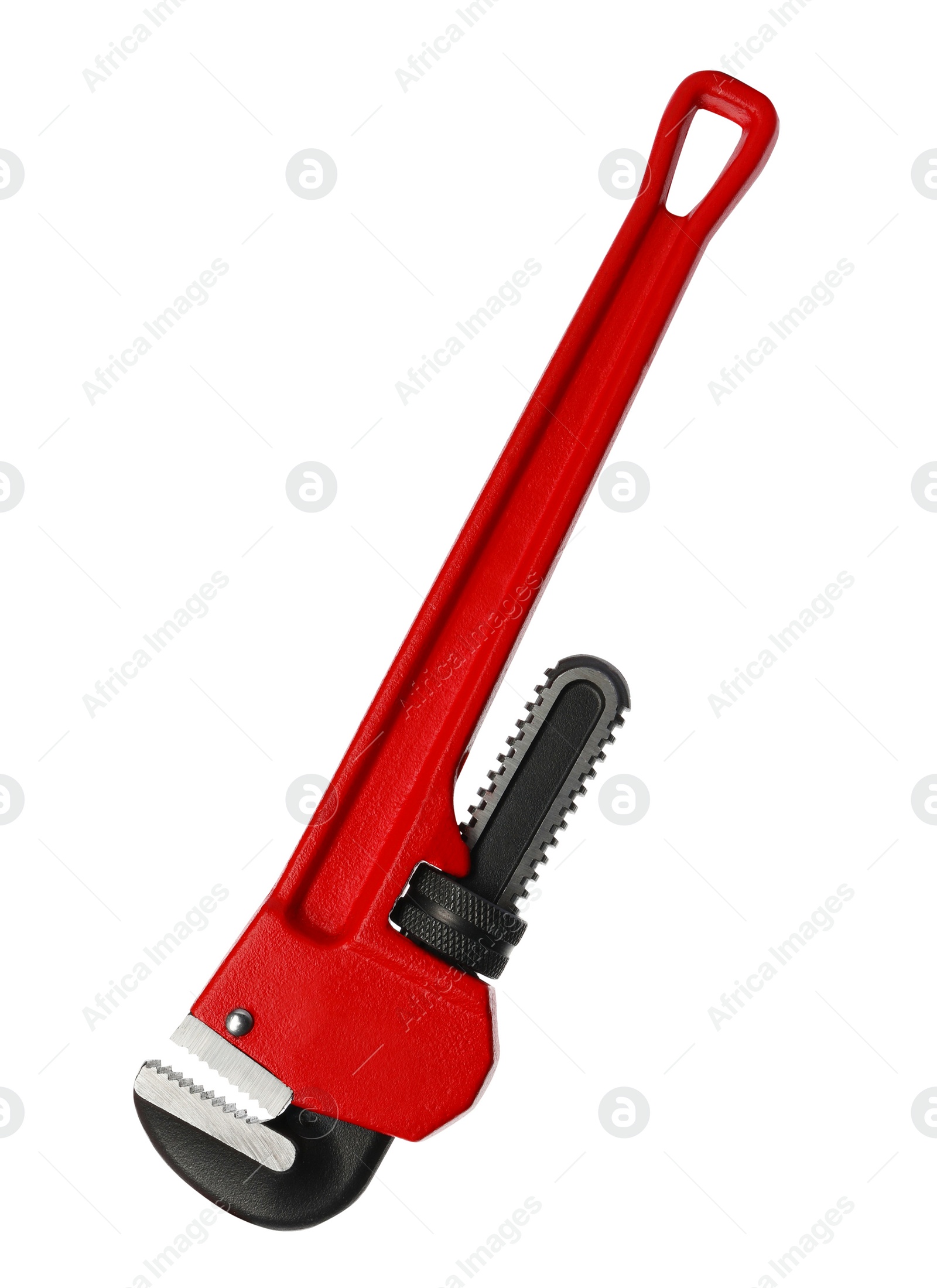 Photo of New pipe wrench on white background. Professional construction tool