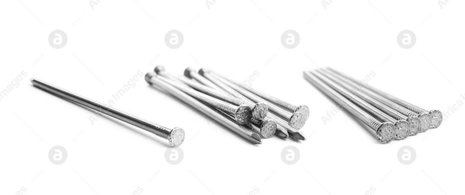 Image of Set with sharp metal nails on white background, banner design