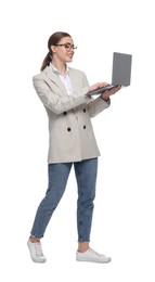 Photo of Happy woman with laptop on white background