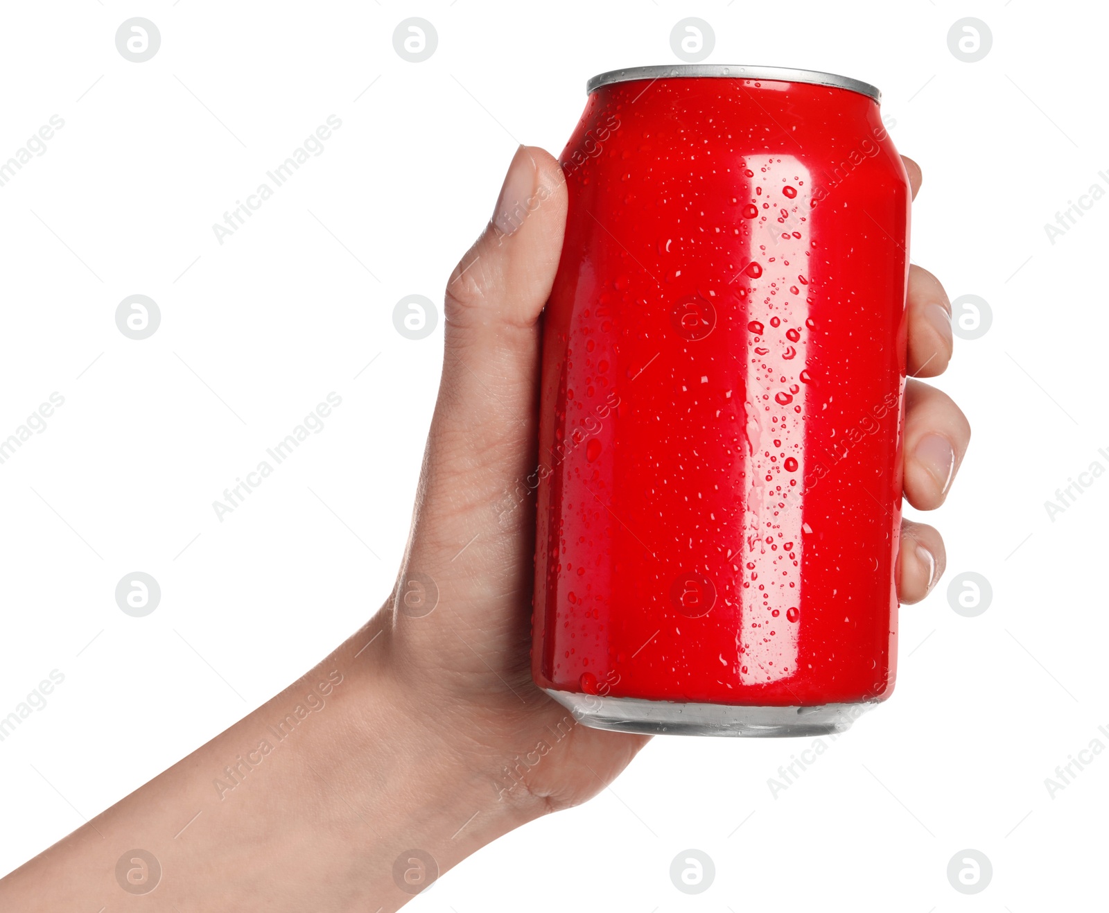 Photo of Woman holding red aluminum can on white background, closeup