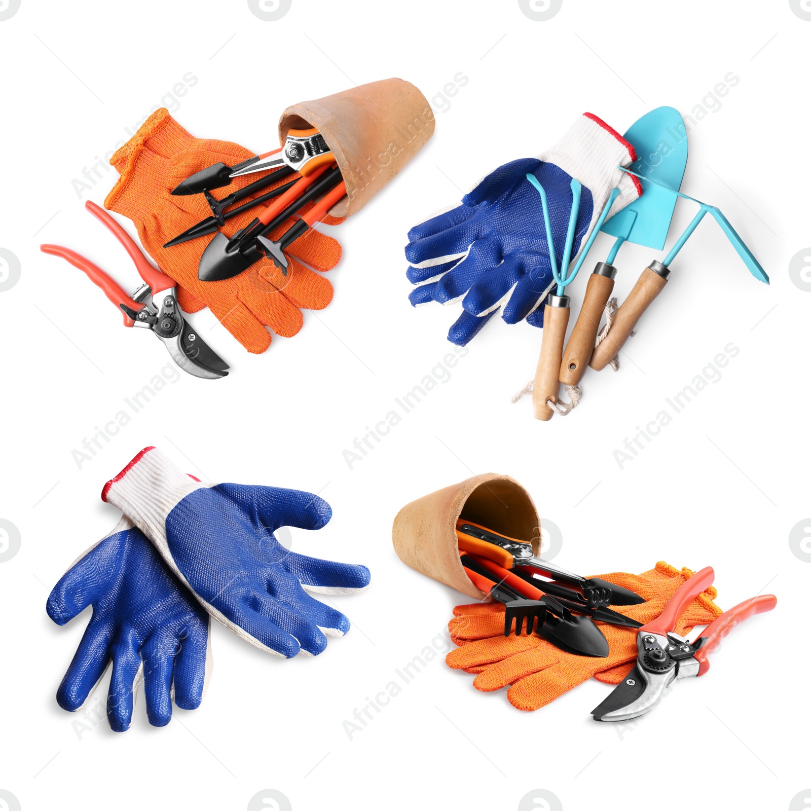 Image of Set with different gardening tools and bright gloves on white background