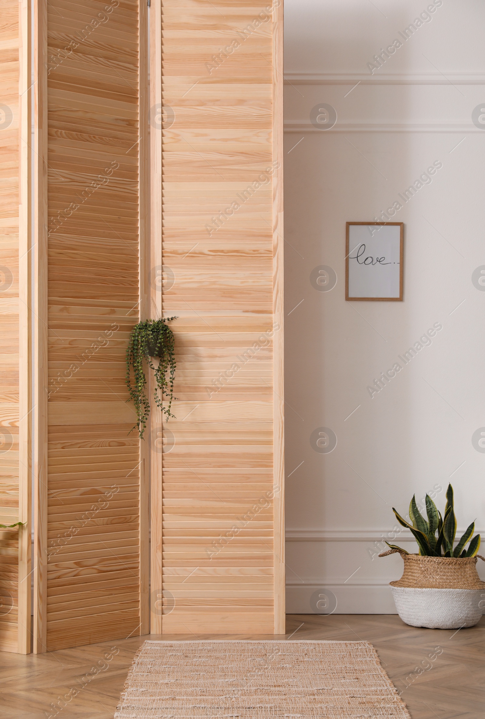 Photo of Folding screen and beautiful houseplants near white wall in room. Interior design