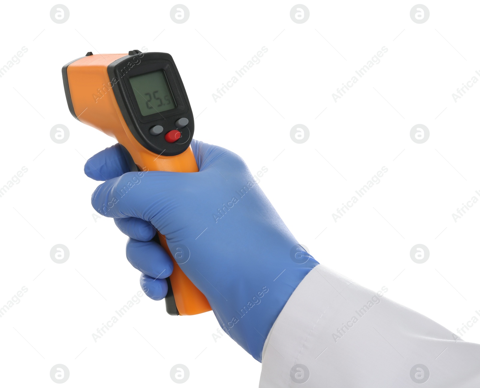 Photo of Doctor in latex gloves holding non contact infrared thermometer on white background, closeup. Measuring temperature