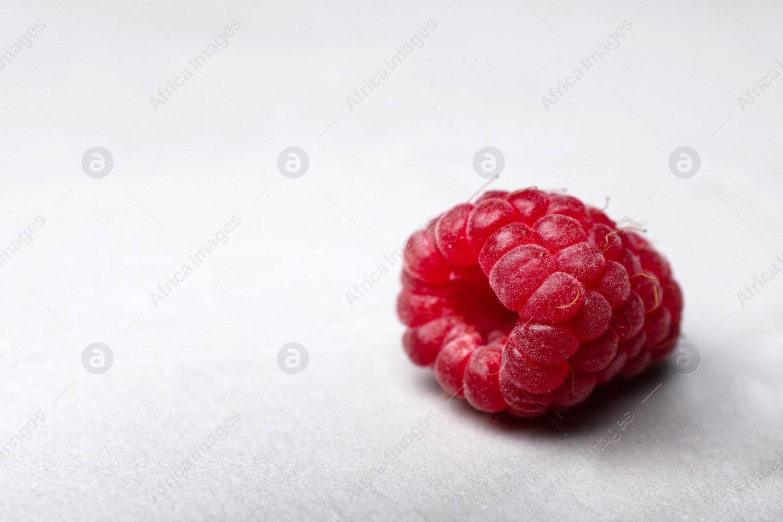 Photo of Delicious ripe raspberry on light background, closeup. Space for text