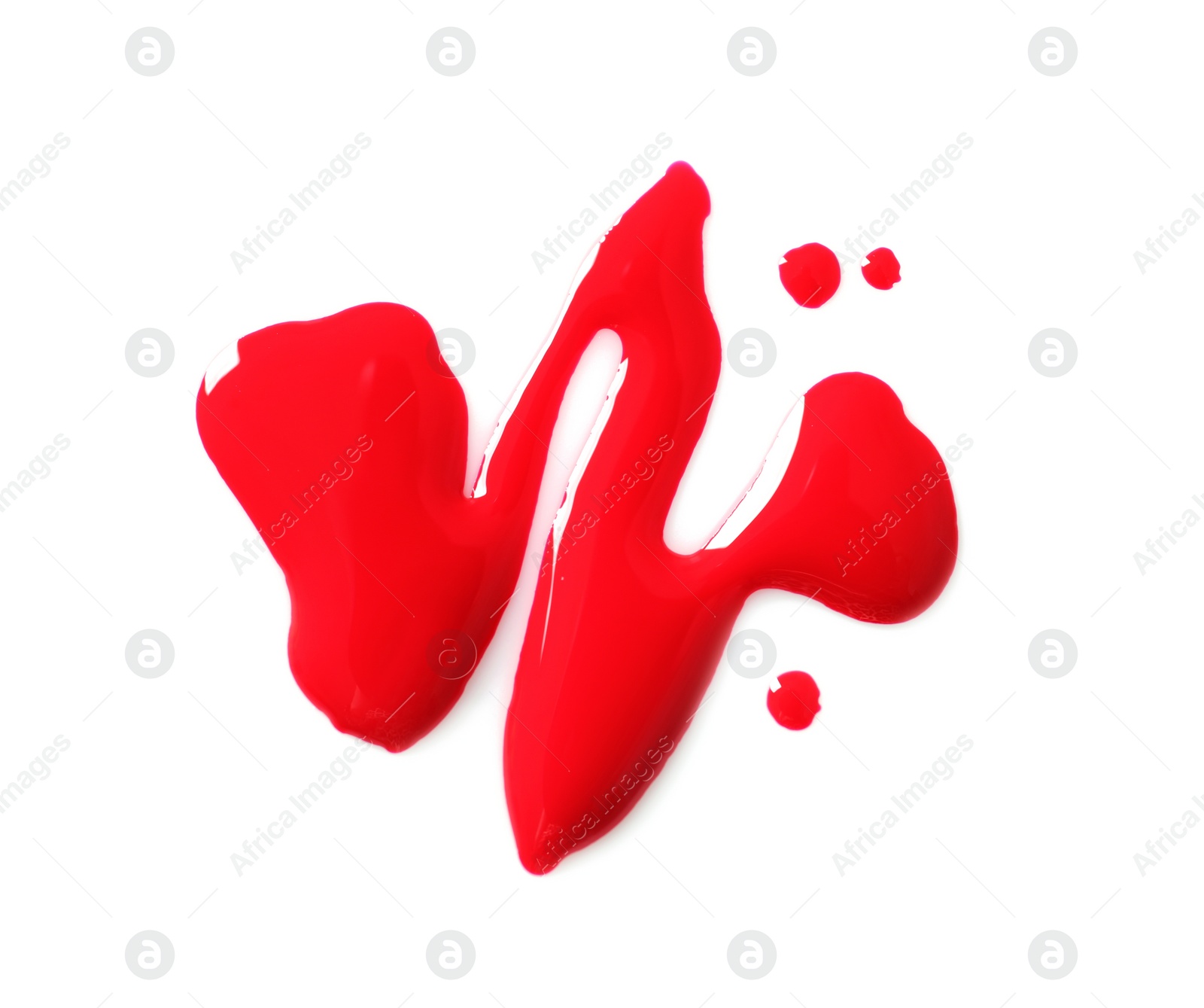 Photo of Red nail polish stain on white background, top view