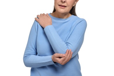 Photo of Arthritis symptoms. Woman suffering from pain in elbow on white background, closeup