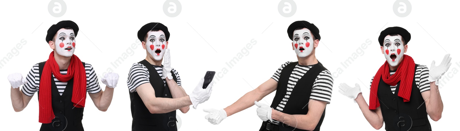 Image of Funny mime posing on white background, set of photos