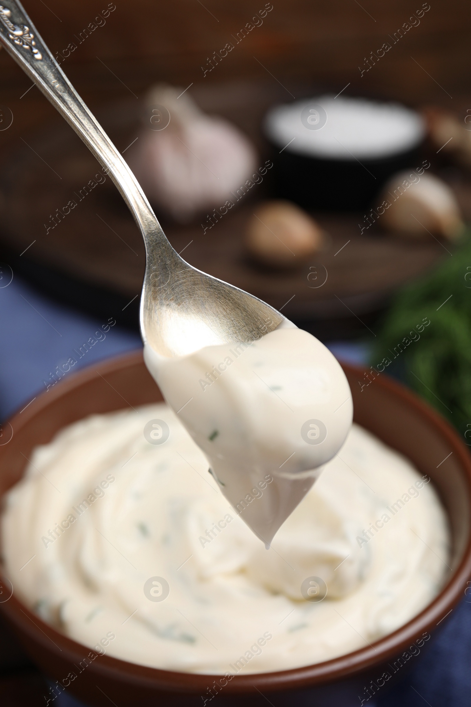 Photo of Spoon with creamy dill sauce over bowl, closeup