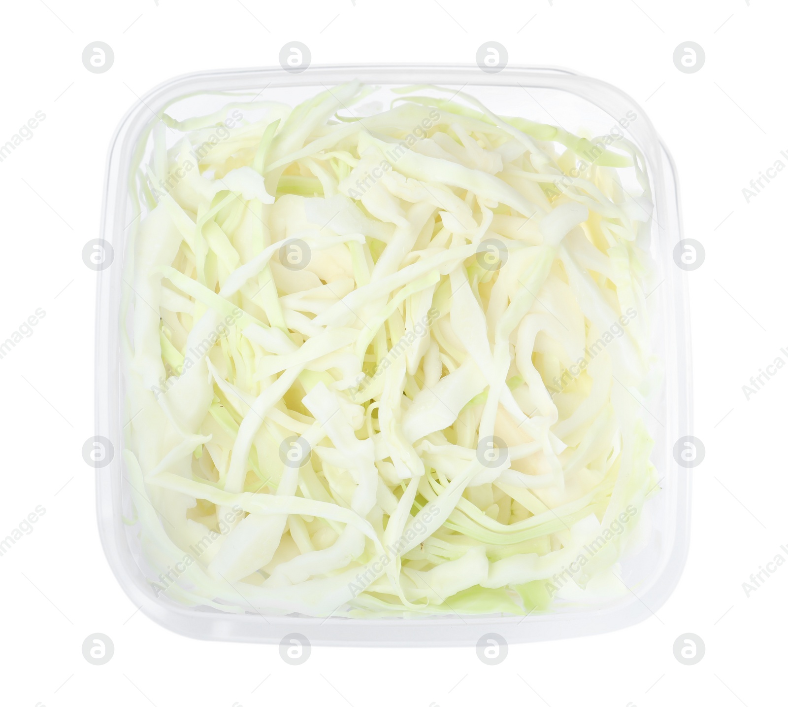 Photo of Fresh chopped cabbage in plastic container isolated on white, top view