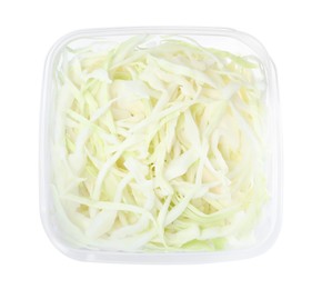 Photo of Fresh chopped cabbage in plastic container isolated on white, top view