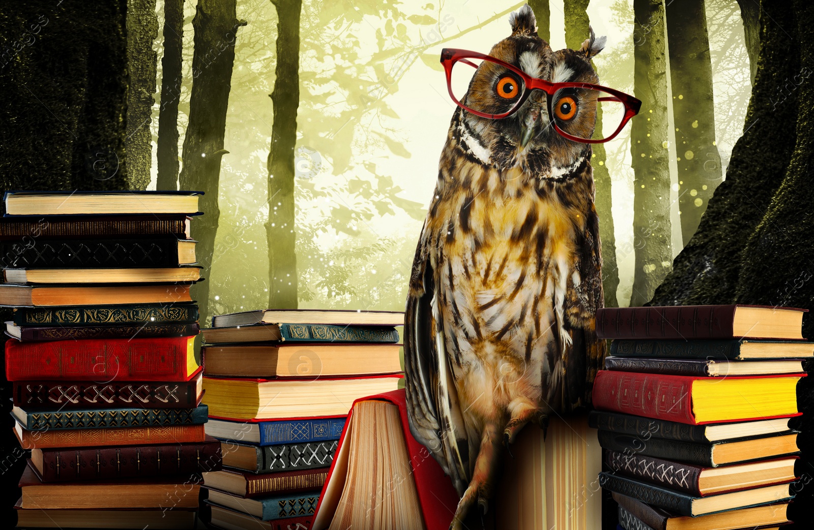 Image of Beautiful wise owl near books in fantasy world