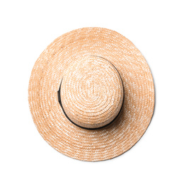 Photo of Stylish straw hat isolated on white, top view