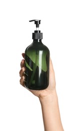 Photo of Woman holding reusable plastic dispenser on white background, closeup