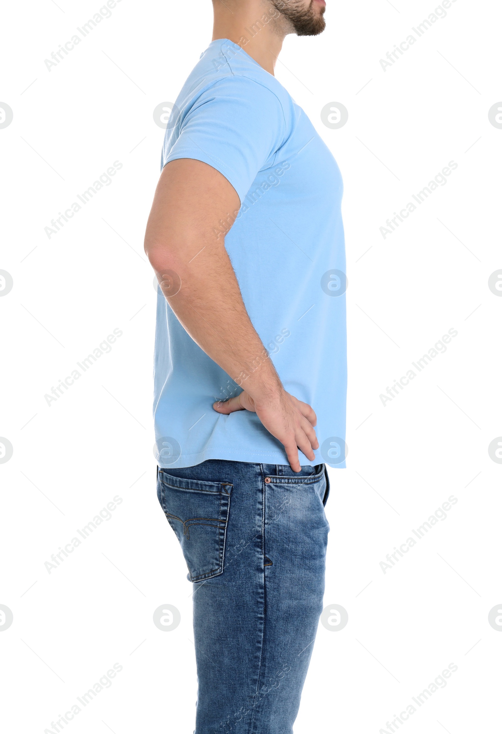 Photo of Young man on white background, closeup. Weight loss