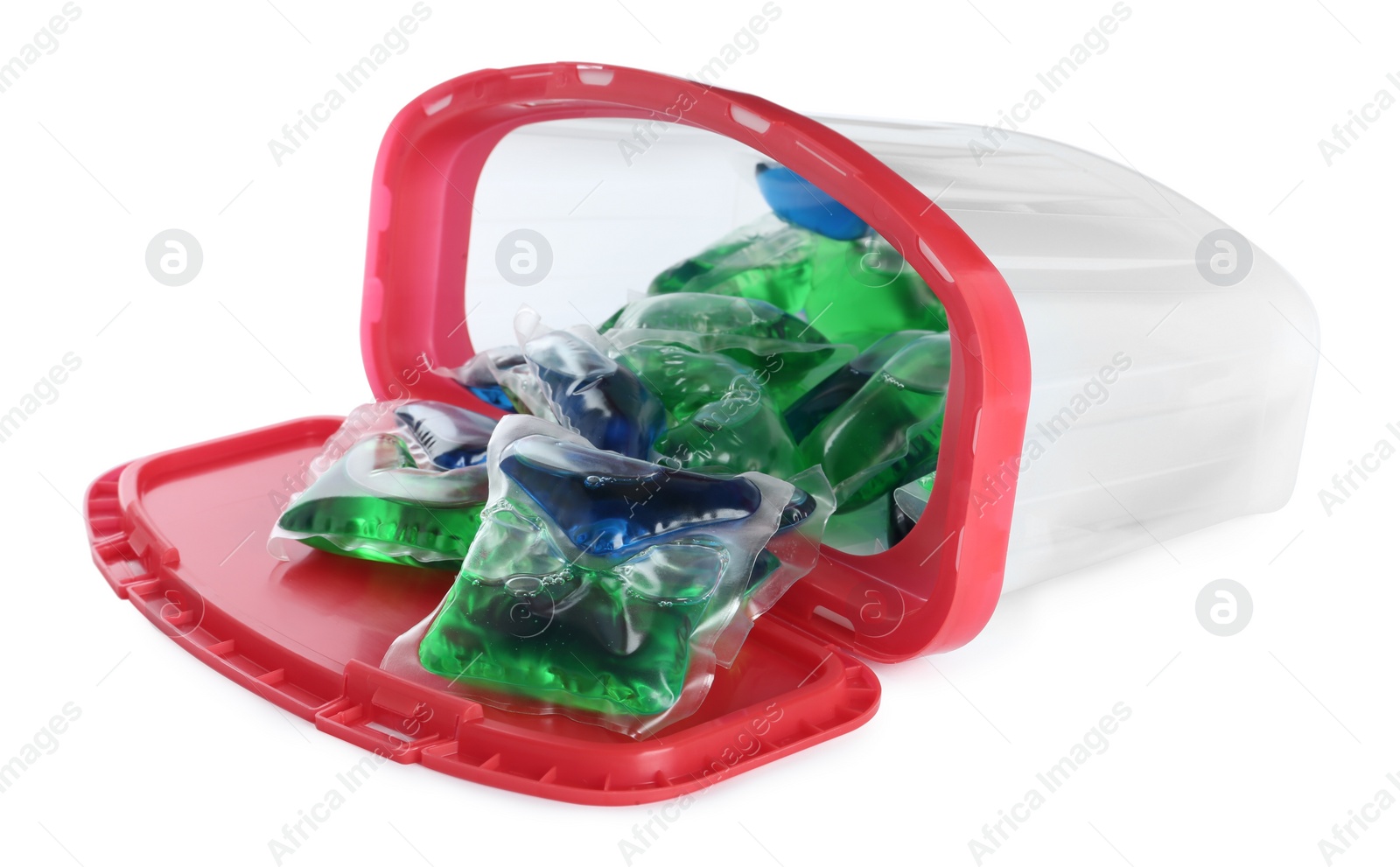 Photo of Overturned box with laundry capsules on white background