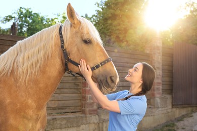 Photo of Veterinarian with adorable horse outdoors. Pet care
